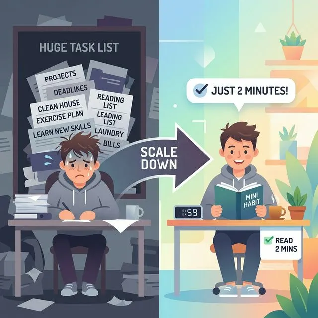 Illustration showing the two-minute rule: scaling down overwhelming tasks to tiny, manageable actions